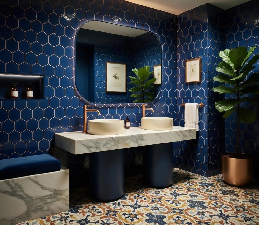 Revestimiento cerámico azul en baño de diseño