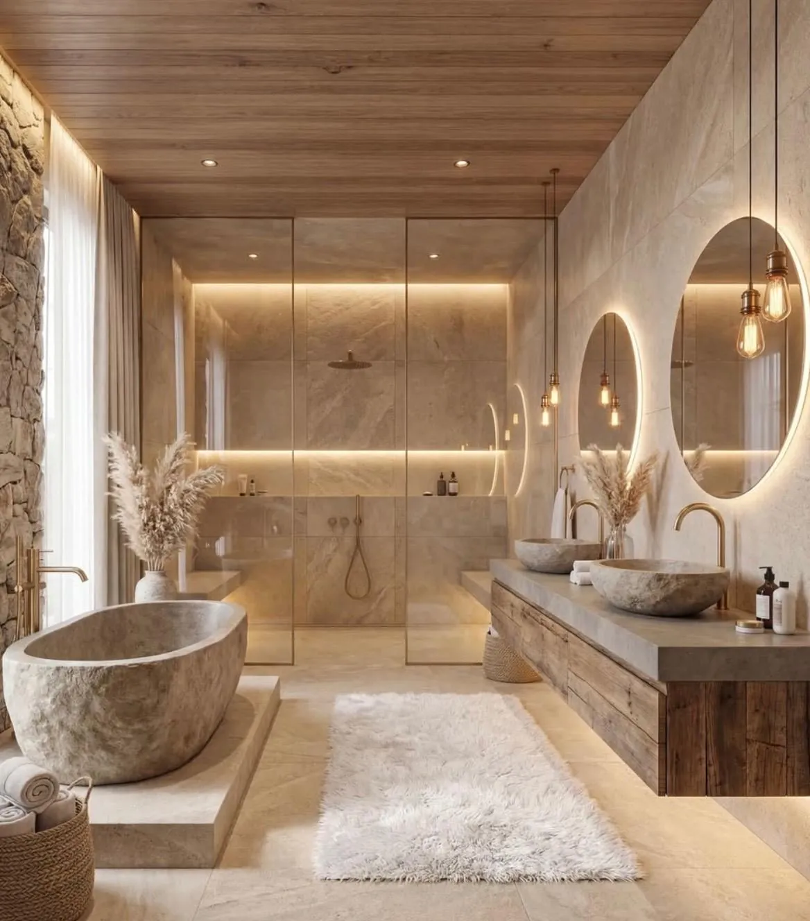 Baño de diseño con acabados cálidos y piedra