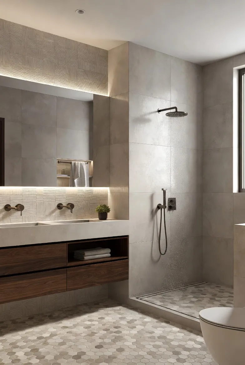 Baño luminoso con materiales en tonos piedra