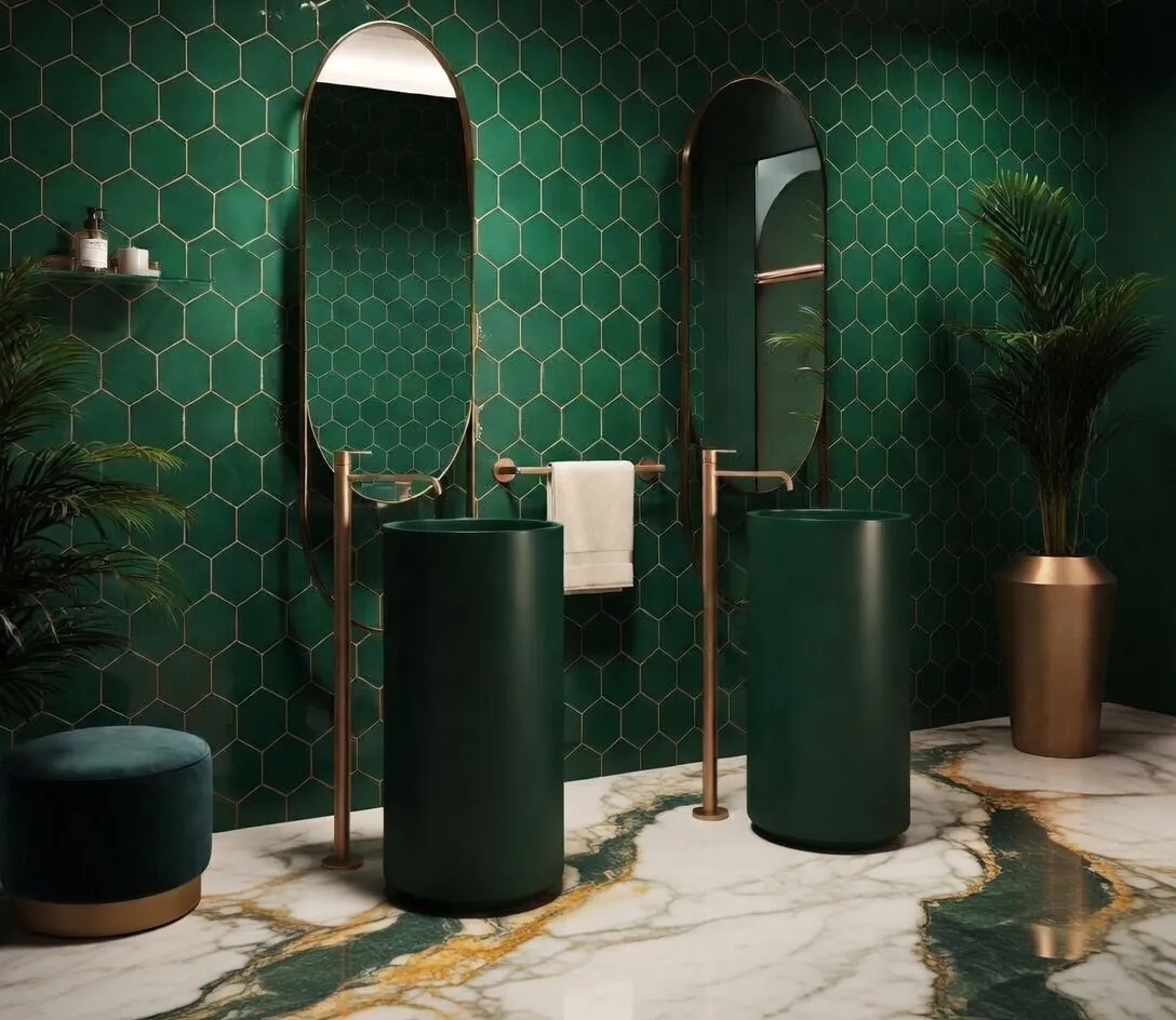 Baño verde oscuro con azulejo hexagonal